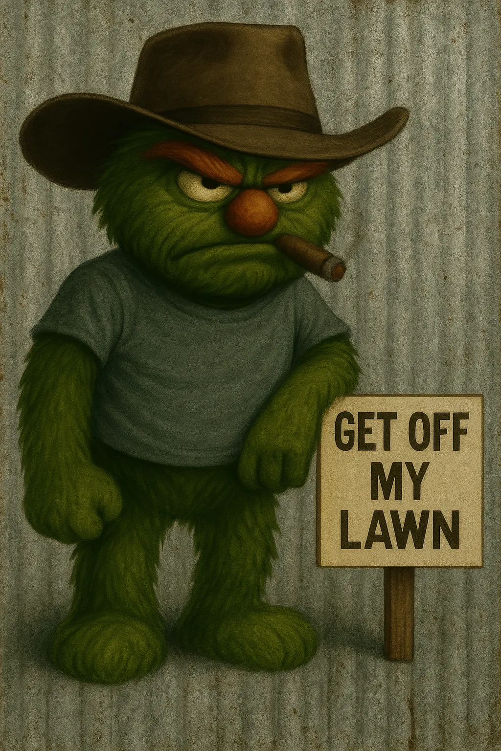 Gruff looking character, leaning on a "Get Off My Lawn Sign"